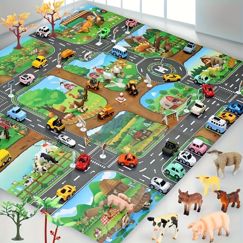 Fun Kids Playmat with Farm and Road Design - Pexav