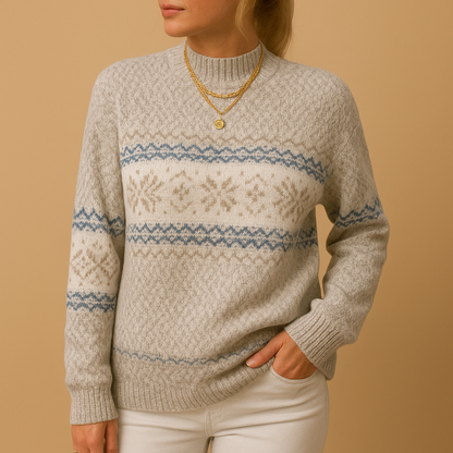 Women’s Christmas sweater with festive holiday print, available in blue, apricot, grey, and pink. Cozy and stylish for winter celebrations.