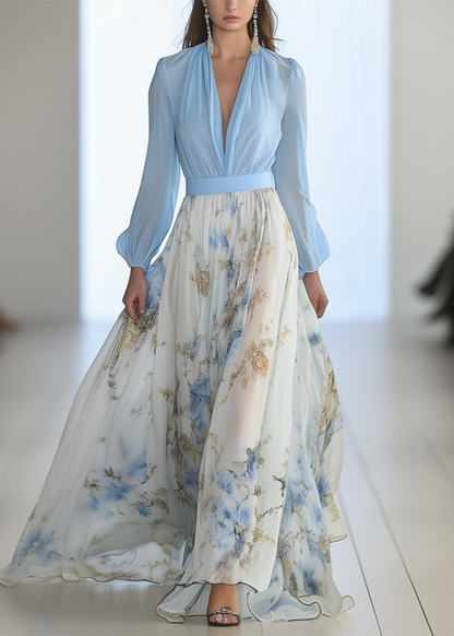 Floral V-Neck Floor Length Maxi Dress - Olytrend