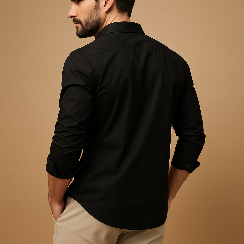 Men’s classic button-down shirt with lapel collar and chest pocket, perfect for casual and formal occasions in khaki, black, or white.