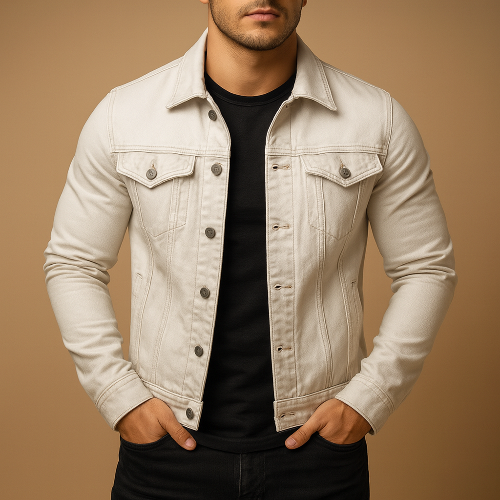Men’s classic denim jacket with regular fit, button closure, and chest and side pockets, ideal for spring and summer outfits.