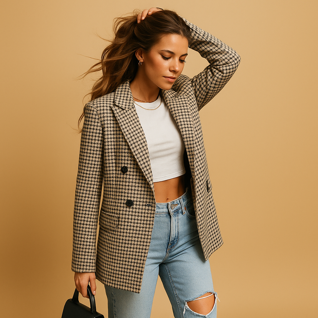Classic tailored women’s blazer with elegant shaping and modern lines, perfect for work, formal events, and chic casual outfits.
