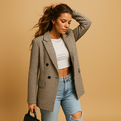 Classic tailored women’s blazer with elegant shaping and modern lines, perfect for work, formal events, and chic casual outfits.