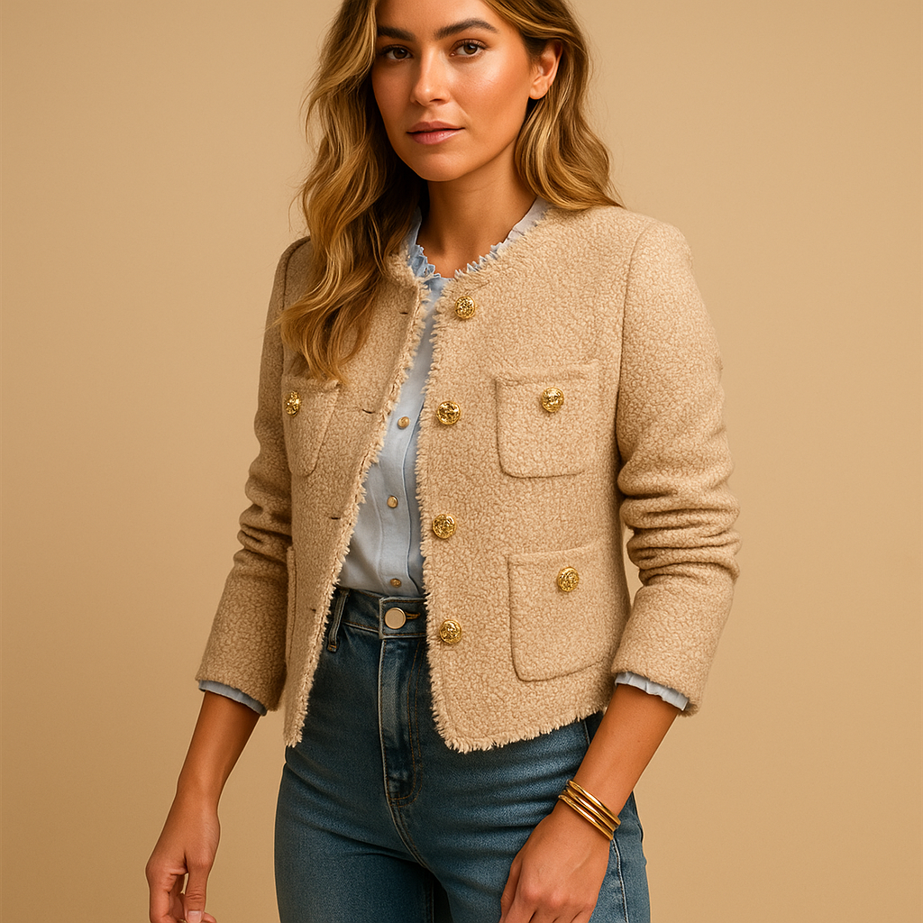 Classic tweed blazer coat for women with structured silhouette, button closure, and elegant texture, perfect for business or casual chic outfits.