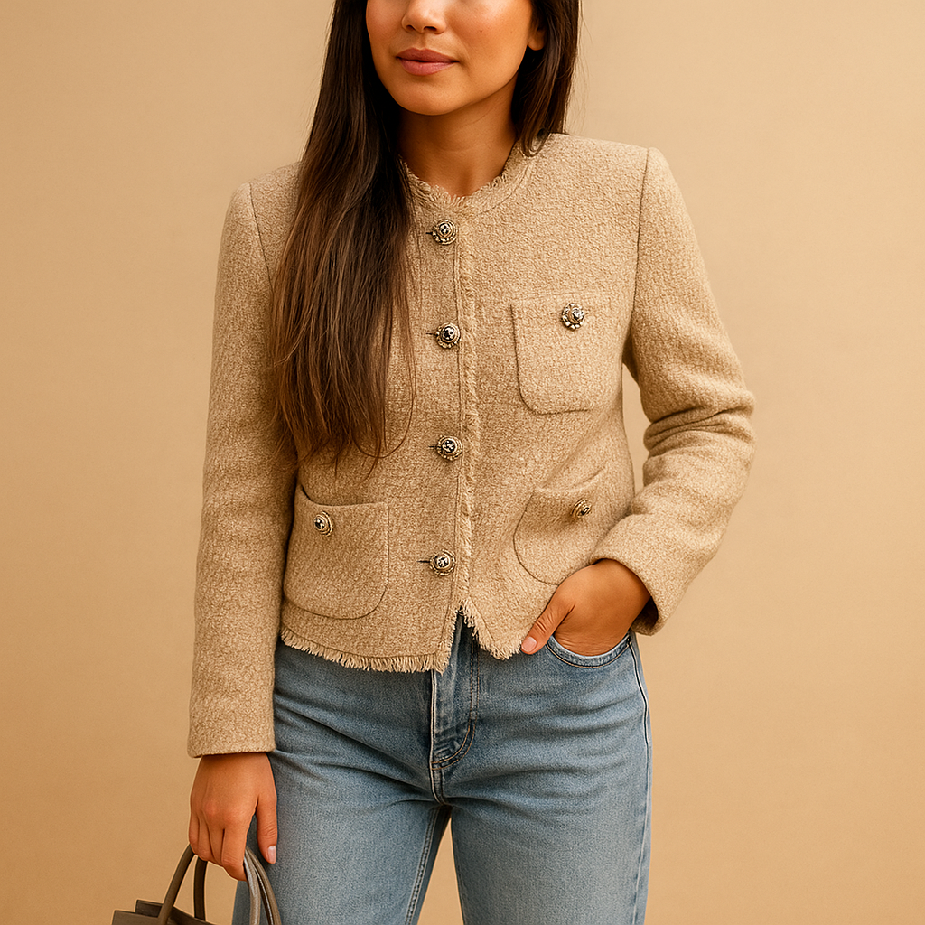 Classic tweed blazer for women with structured fit, button closure, and collar, perfect for formal, business, or casual chic outfits.
