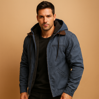 Men’s classic winter coat with hood, soft inner lining, and timeless design, perfect for cold days, work, and outdoor winter activities.