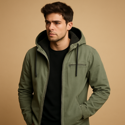 Men’s classic winter jacket with hood and soft inner lining, warm and stylish for cold winter days and outdoor wear.