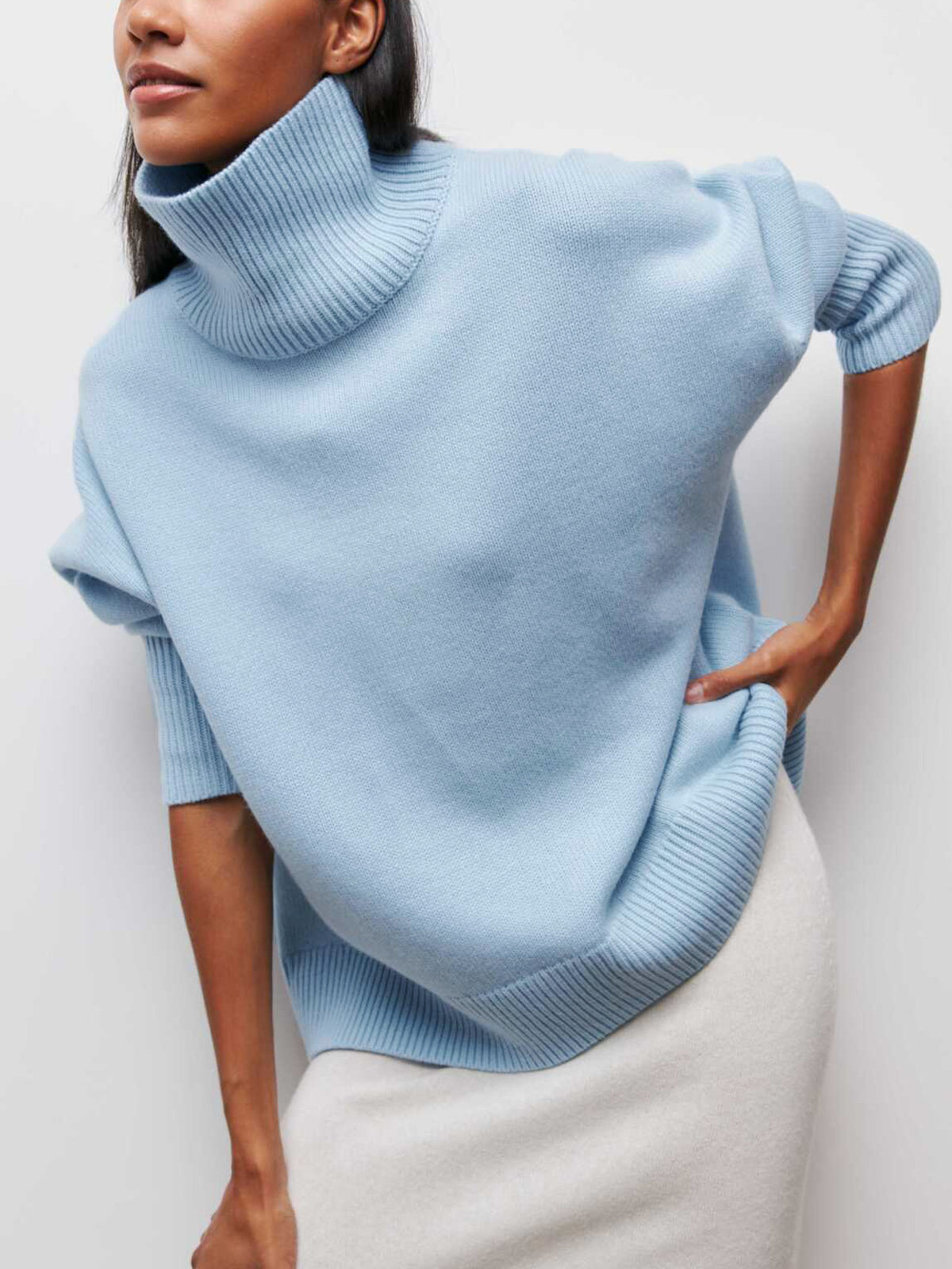 Clear Blue Crew Neck Loose Fit Sweater - Pexav