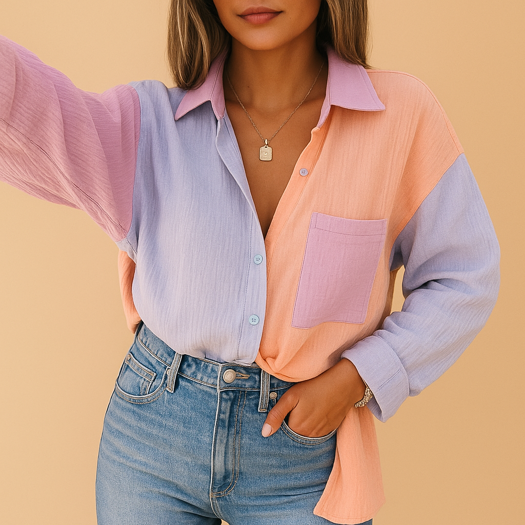 Colorful patchwork blouse with airy fit for women | Naomi - Nocini