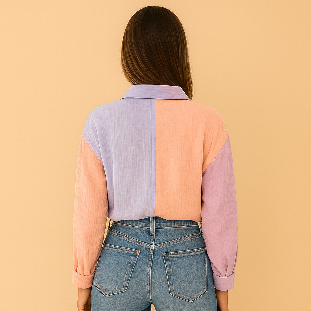 Women’s colorful patchwork blouse with an airy fit, suitable for casual outings, semi-formal occasions, and modern everyday looks.