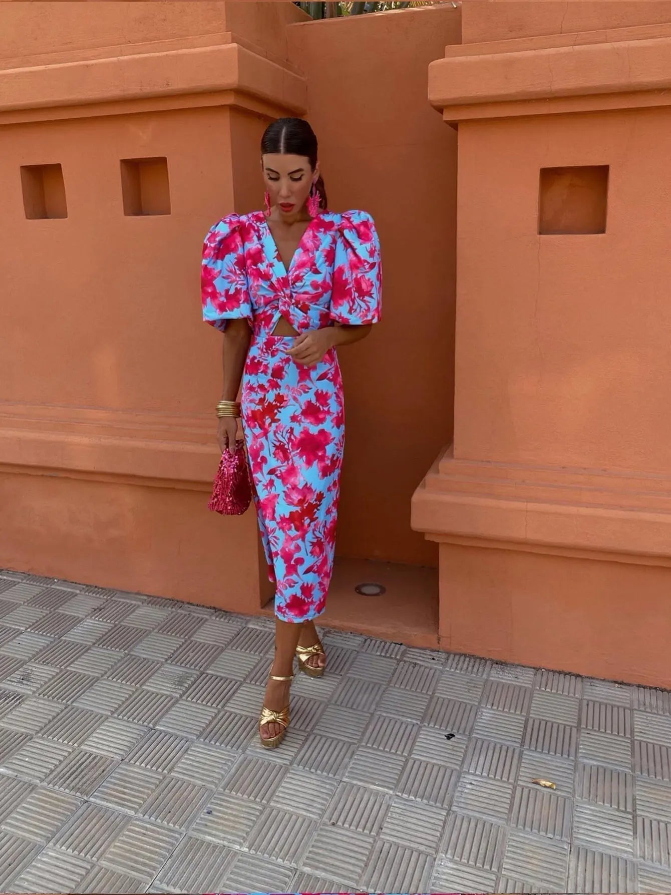 Colourful ladies' dress with pleated sleeves & comfortable cut – Noelia-Pink-L-Nora Luxe