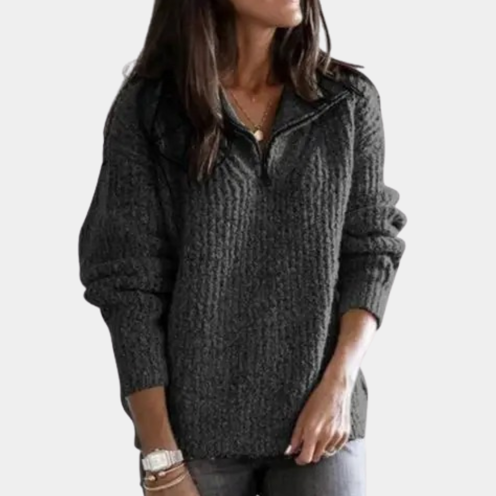 Comfortable Ladies' Sweater with Half Zip - Sofia-Dark Gray-XS-Nora Luxe