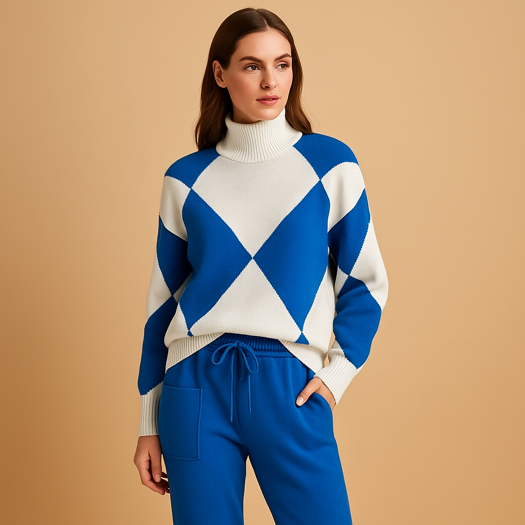 Comfortable women’s lounge set featuring a soft sweater and jogger pants, ideal for home wear or casual outings in a modern, minimalist style.