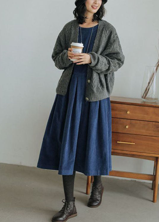 Corduroy Autumn/Winter Dress - Emilia-Blue-S-Nora Luxe