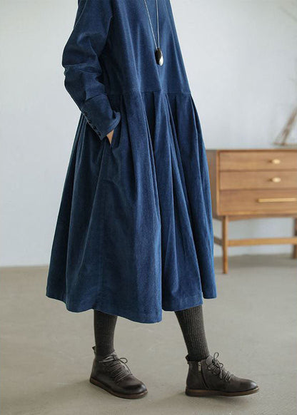 Corduroy Autumn/Winter Dress - Emilia-Blue-S-Nora Luxe