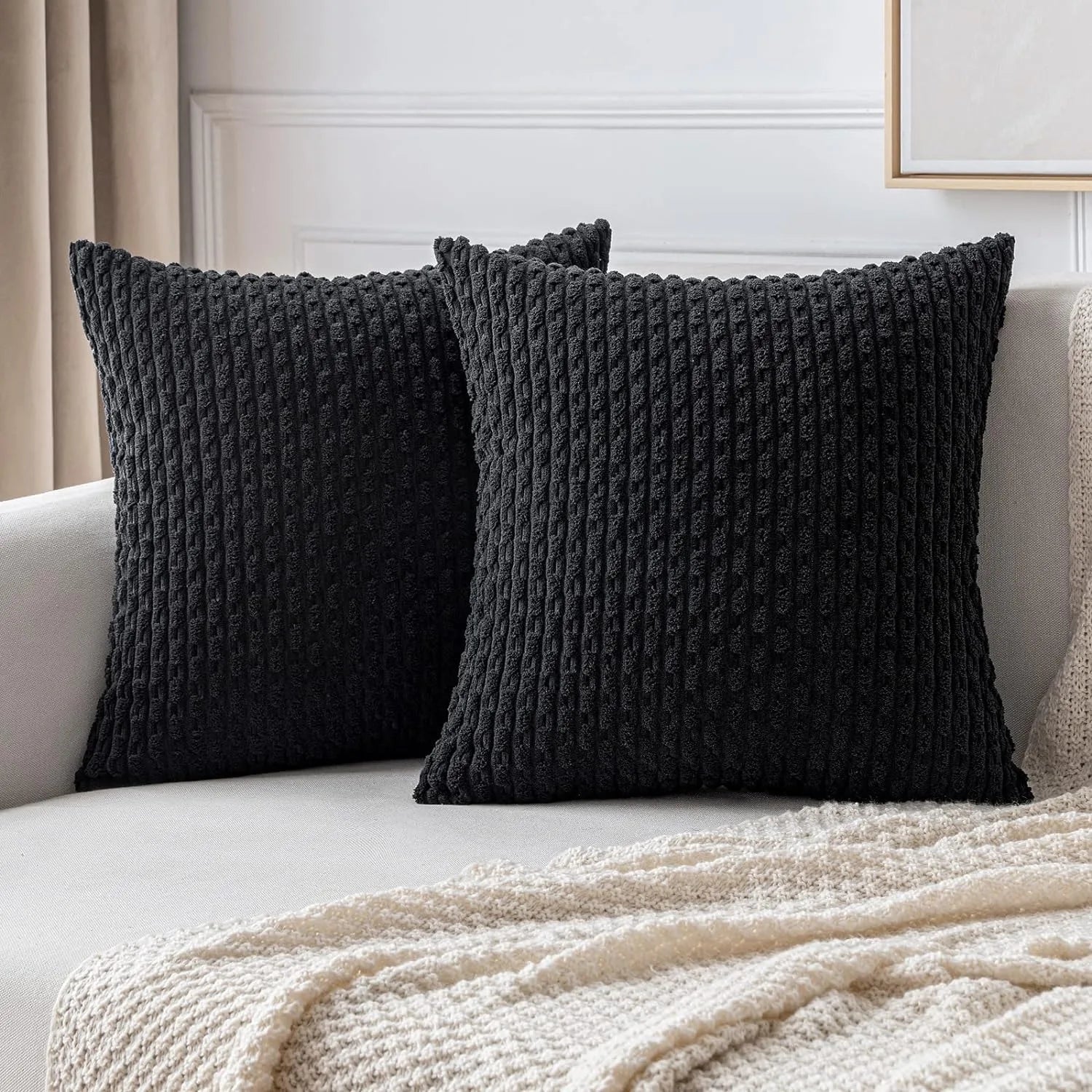 Corduroy Cushion Covers with Boho Style – Velvia-Black-40x40CM-The Livary