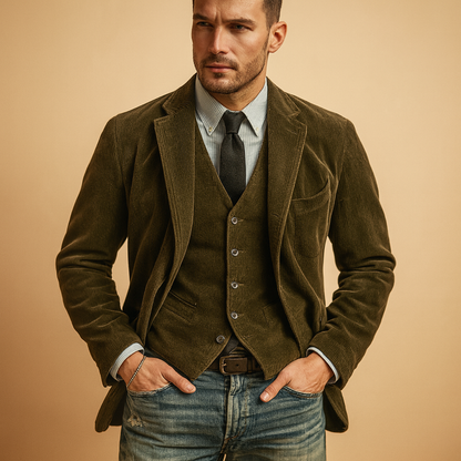 Men’s retro corduroy jacket with soft fabric and practical pockets, perfect for autumn and winter casual or formal outfits.