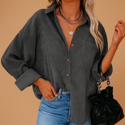 Women’s corduroy knit jacket with a relaxed fit and ribbed knit details, suitable for autumn, winter layering, and cool spring or summer evenings.