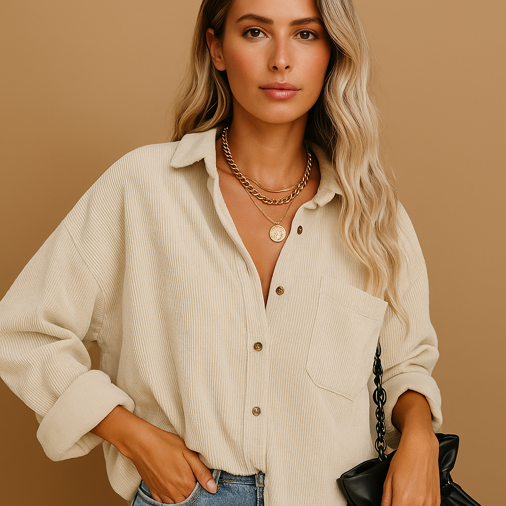 Women’s corduroy knit jacket with a relaxed fit and ribbed knit details, suitable for autumn, winter layering, and cool spring or summer evenings.