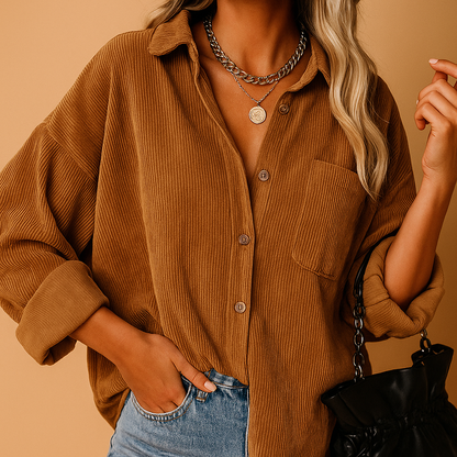 Corduroy knitted jacket for women with rib-knit detailing and relaxed fit, perfect for layering in autumn, winter, and spring.