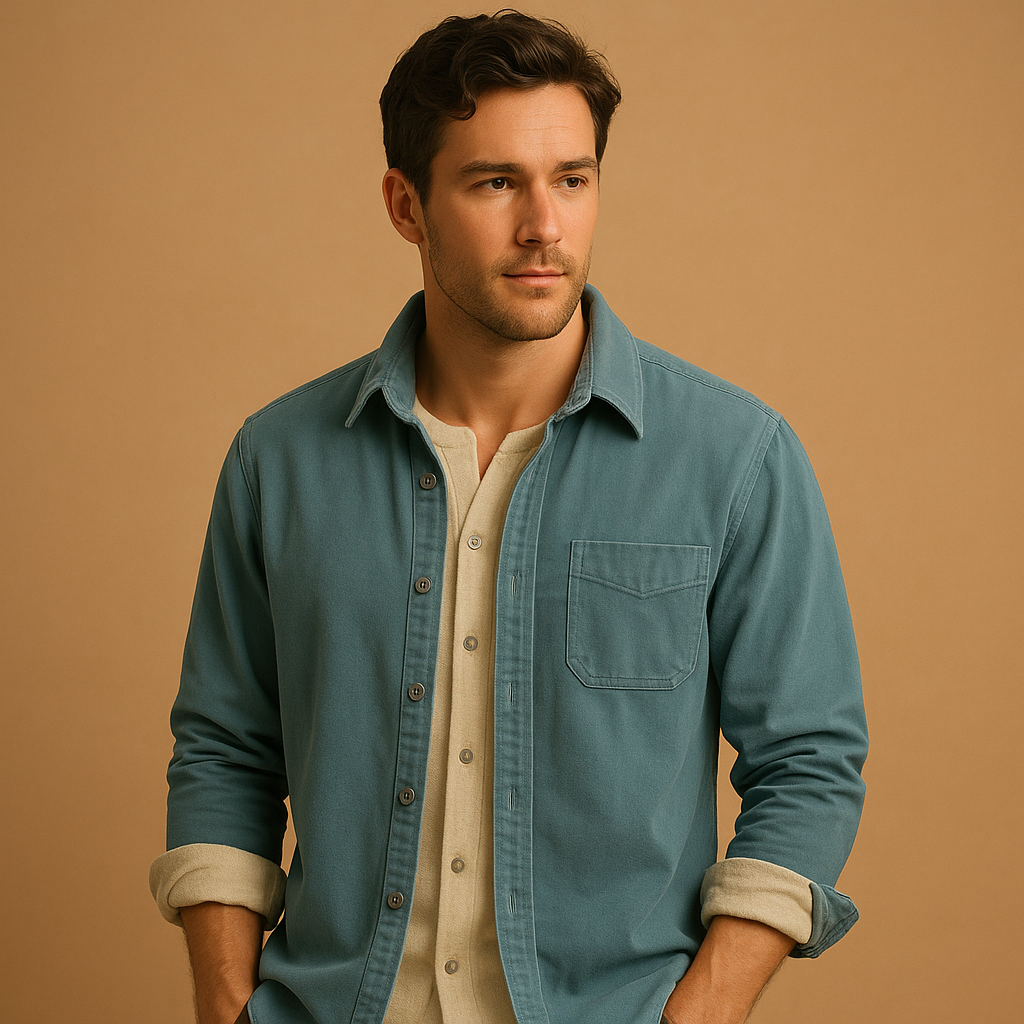 Men’s corduroy long sleeve shirt with soft ribbed fabric in green, gray, light blue, and dark blue, ideal for casual and stylish wear.
