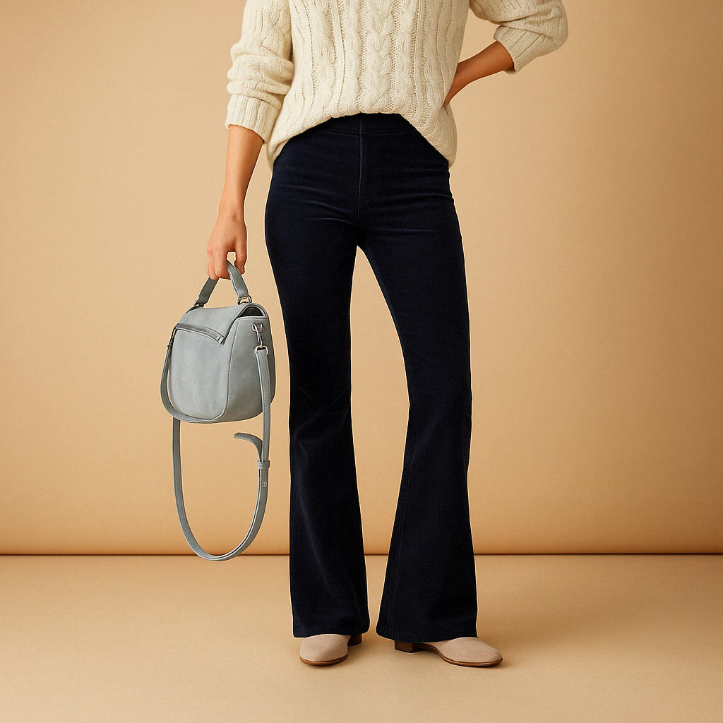 Women’s flared corduroy pants with soft ribbed fabric, flattering fit, and retro-inspired style, perfect for casual and semi-formal outfits.