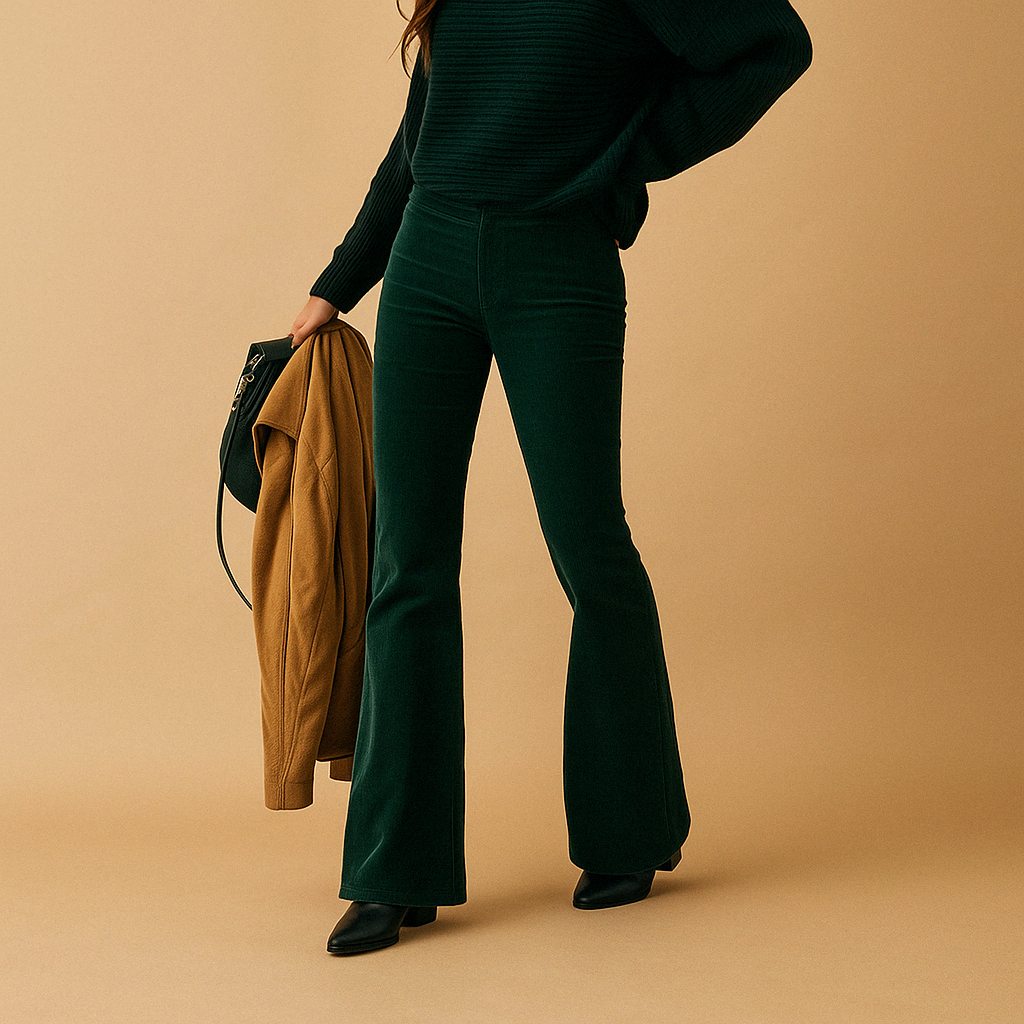 Women’s flared corduroy pants with soft ribbed fabric, flattering fit, and retro-inspired style, perfect for casual and semi-formal outfits.