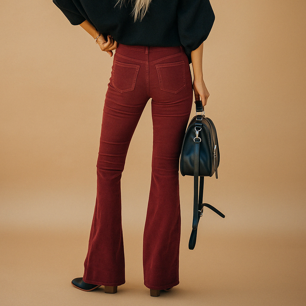 Women’s flared corduroy pants with soft ribbed fabric, flattering fit, and retro-inspired style, perfect for casual and semi-formal outfits.