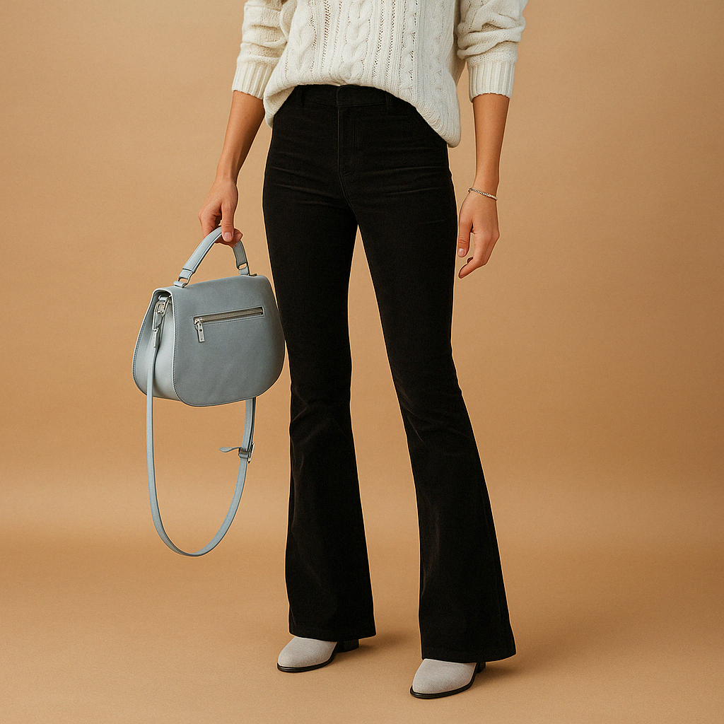 Women’s flared corduroy pants with soft ribbed fabric, flattering fit, and retro-inspired style, perfect for casual and semi-formal outfits.