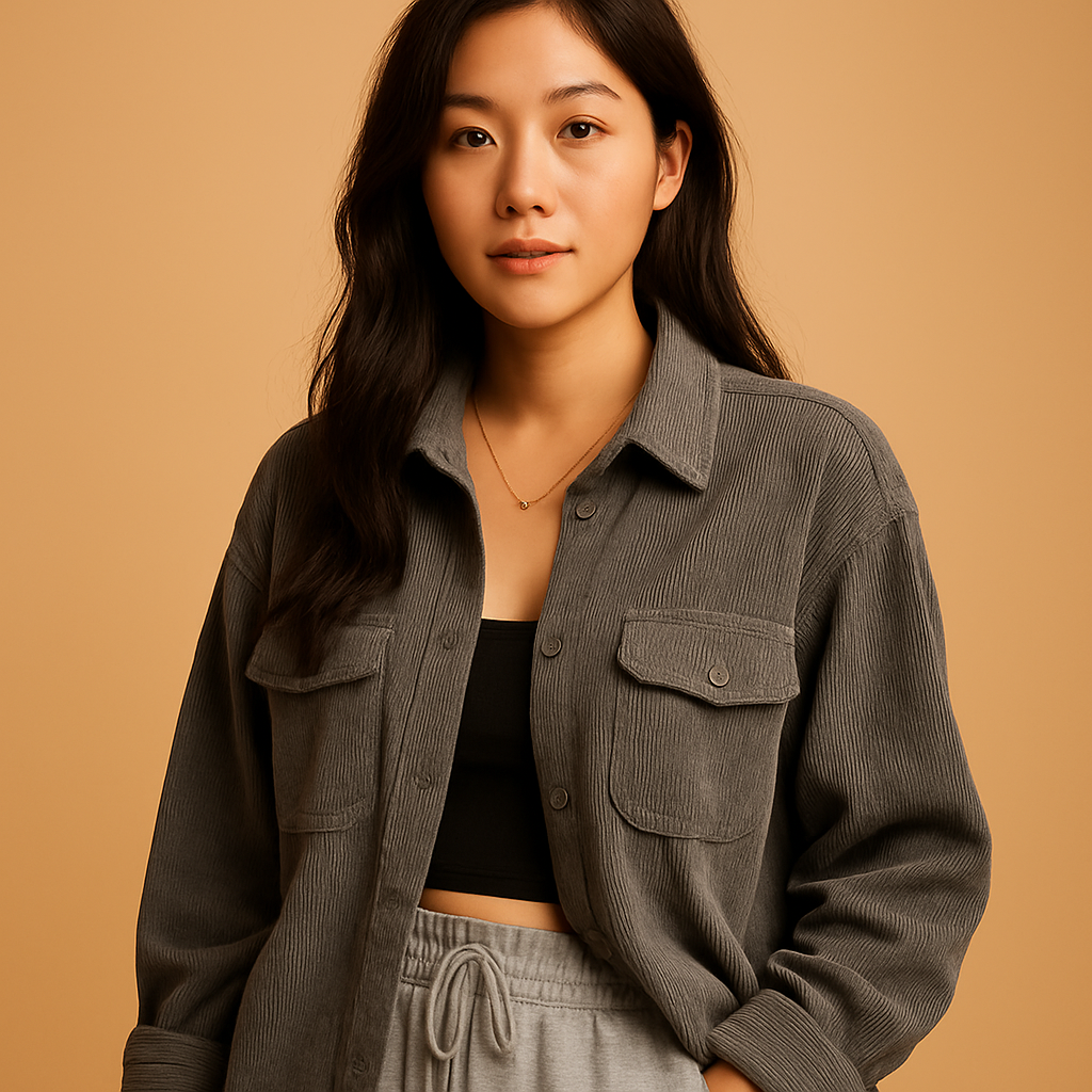 Women’s lightweight corduroy summer jacket with minimalist lines, ideal for warm days, casual outings, and stylish summer layering.