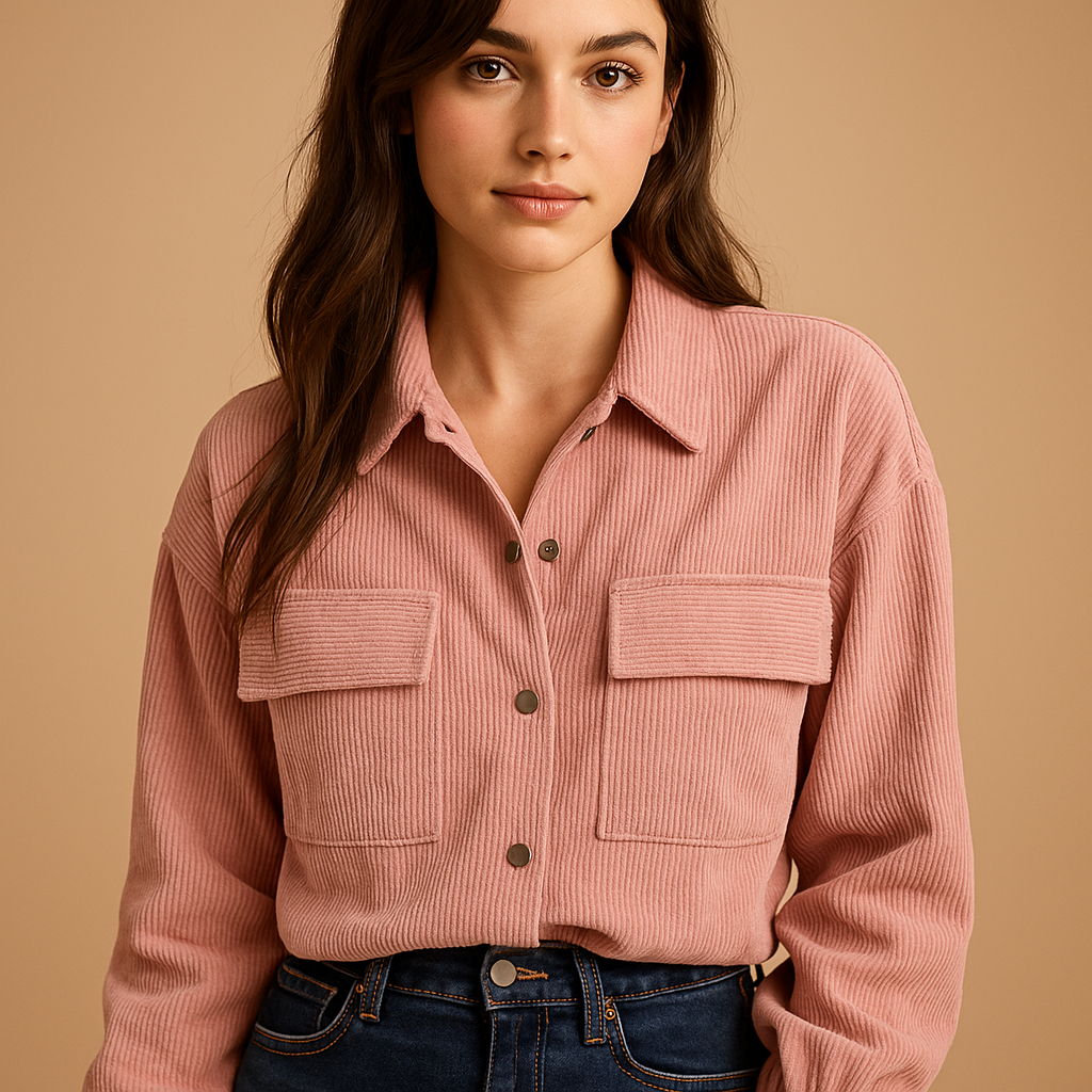 Women’s lightweight corduroy summer jacket with minimalist lines, ideal for warm days, casual outings, and stylish summer layering.