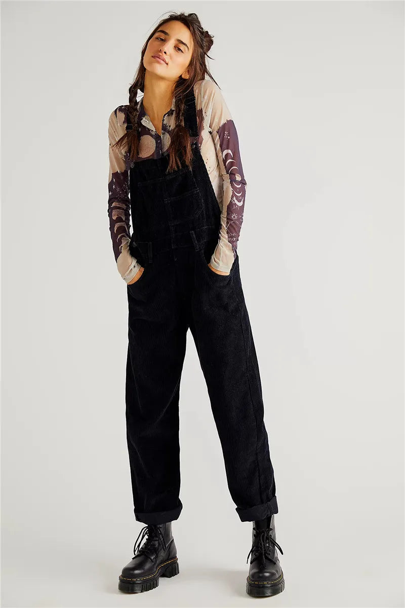 Corduroy Vintage Denim Dungarees - Harper-Black-S-Nora Luxe