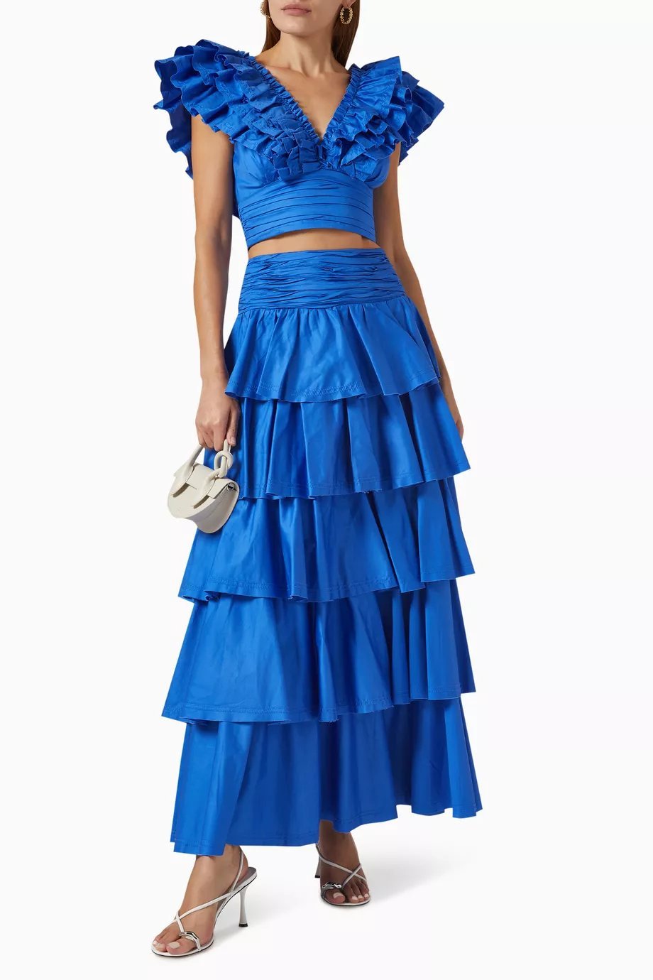 Ladies' Ruffled V-Neck Crop Top and Flowy Maxi Skirt Set - Nocini