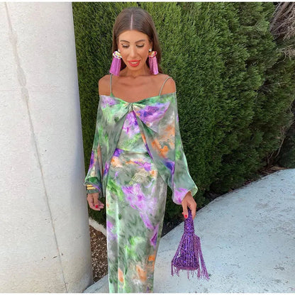 Elegant Long Dress with Wrap Scarf - Pexav