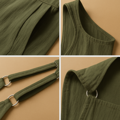 Women’s cotton linen summer jumpsuit with wide legs and loose fit, available in black & white, green & black, and dark blue & white.