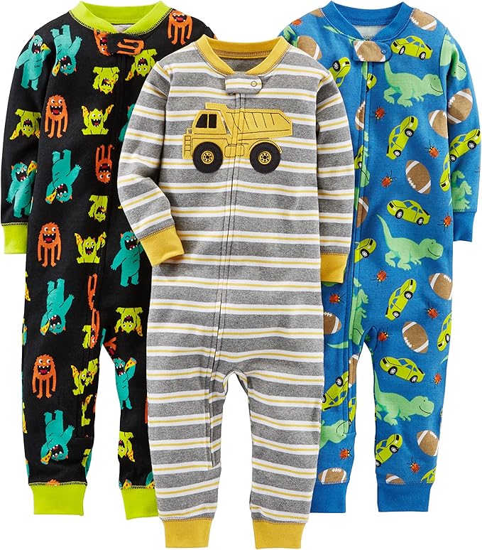 Cotton Pajama Set for Children-Black Monster/Blue Dinosaur/Gray Stripe-6-9 months-Nora Luxe