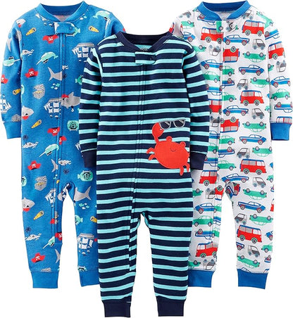 Cotton Pajama Set for Children-Blue Sea Life/Marine Blue Stripe/White Cars-6-9 months-Nora Luxe