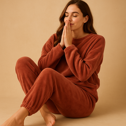 Cozy pajama set for women with long-sleeve sweater and matching pants, made from warm breathable fabric, available in pink, red, brown, and grey.