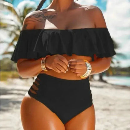 Women's High Waist Bikini Set with Ruffled Off Shoulder Top