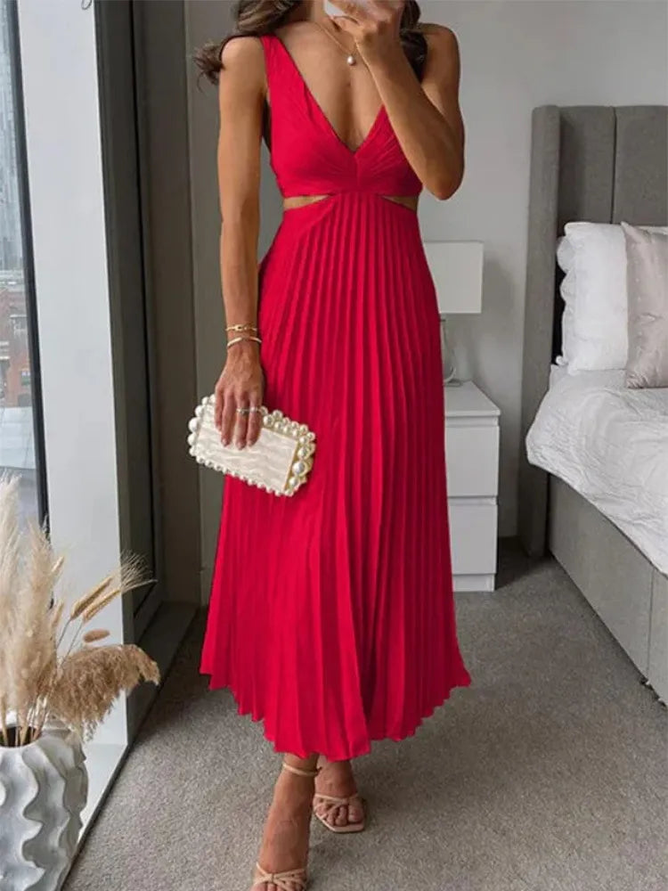 Chic V-Neck Flared Skirt Dress for Ladies