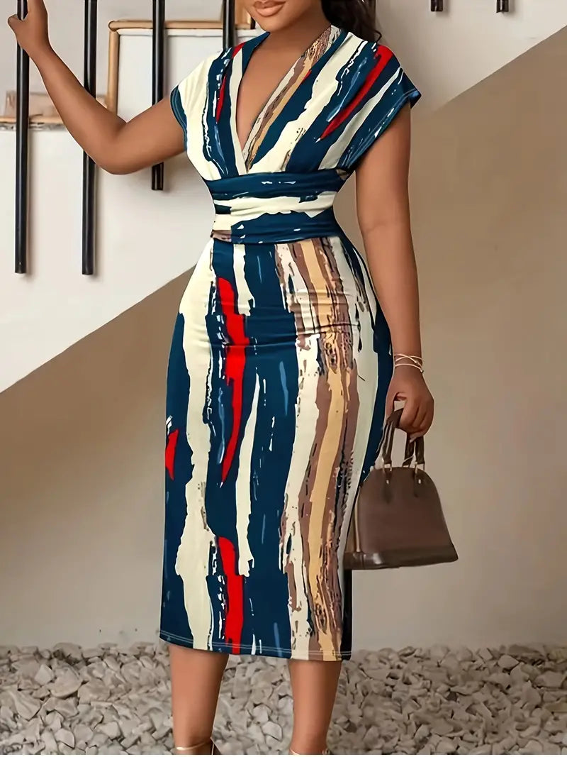 Fit and Flare Midi Bodycon Dress with V Neck
