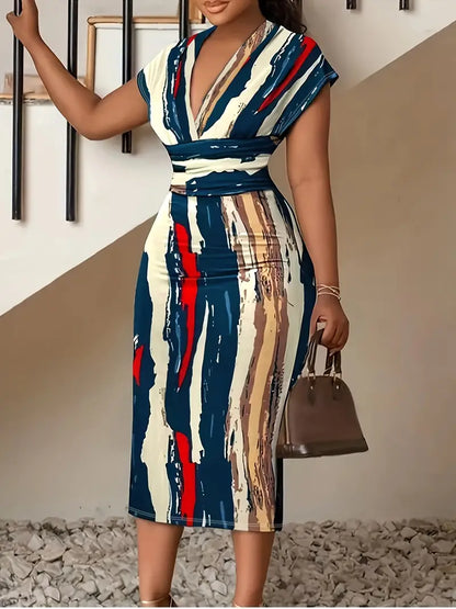 Fit and Flare Midi Bodycon Dress with V Neck