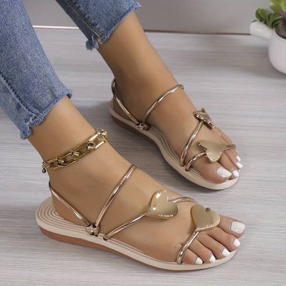 Ladies Flat Sandals with Multiple Straps and Heart Buckle