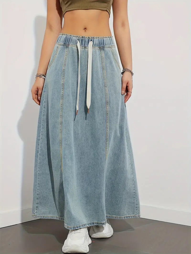 Relaxed Fit Denim Maxi Skirt with Elastic Waist - Nocini