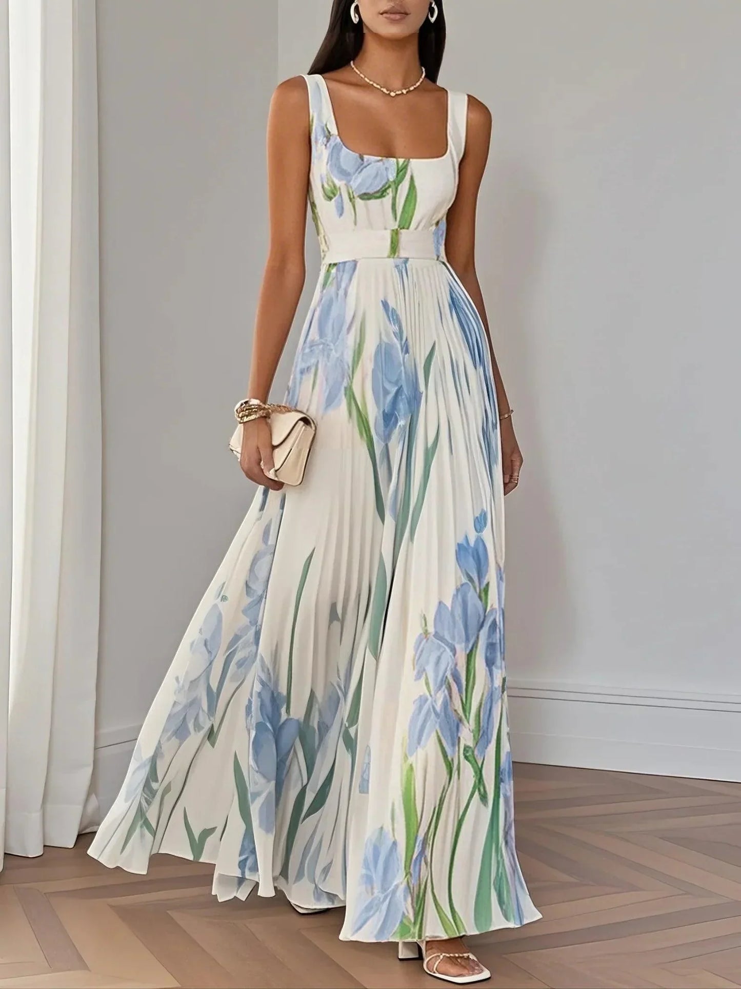 Women's Floral Maxi Dress with V Neck and Wide Straps