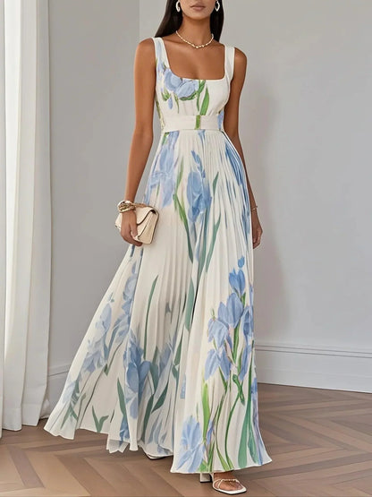 Women's Floral Maxi Dress with V Neck and Wide Straps