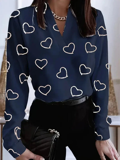 Women's Casual V-Neck Blouse with Floral Pattern