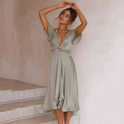 Ladies' V Neck Dress with Asymmetrical Hem and Waist Tie