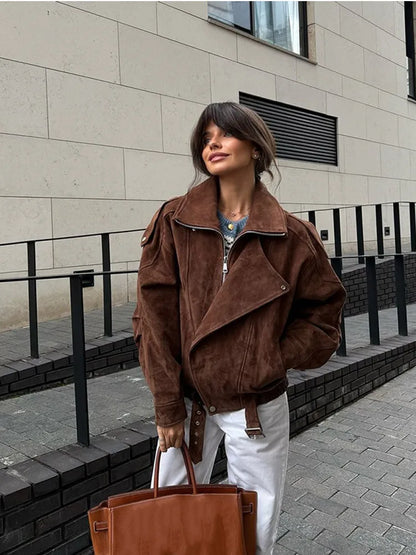 Women's Edgy Leather Jacket with Large Notch Collar - Nocini