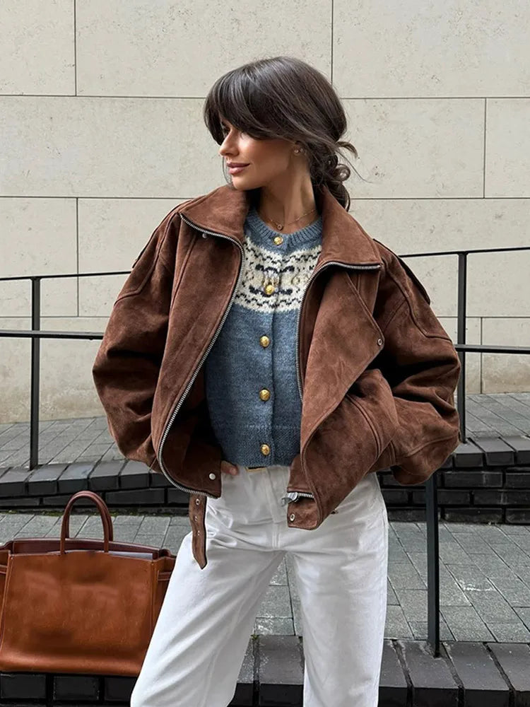 Women's Edgy Leather Jacket with Large Notch Collar
